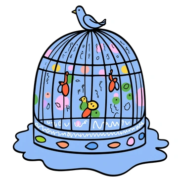 An ice sculpture of a delicate birdcage with intricate patterns and designs carved into its surface. The sculpture is glistening under colorful lights that reflect off the ice, creating a dazzling display of hues. Surrounding the cage are small ice birds perched on the top and hanging inside, enhancing the enchanting feel of the scene. The overall setting is adorned with a soft, shimmering glow, giving the entire composition a magical atmosphere.