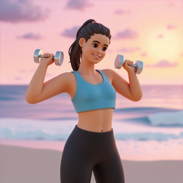 A woman, wearing a blue sports bra and black leggings, is performing a dumbbell shoulder press on the sandy beach. She has long, flowing hair pulled back into a ponytail. The dumbbells are silver and she is lifting them above her head with a focused expression. In the background, a vibrant sunset paints the sky with shades of orange, pink, and purple, reflecting off the calm ocean waves. The sand is smooth and the scene captures the tranquility of the evening.