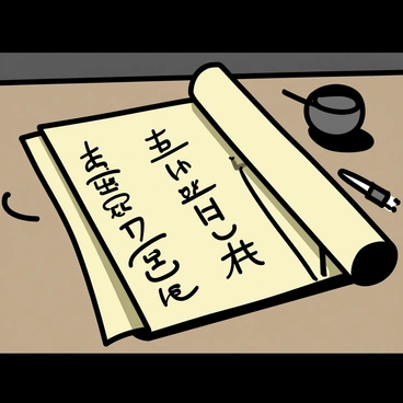 An ancient scroll, made of weathered parchment, is unrolled on a wooden table. The scroll features intricate calligraphy and detailed diagrams illustrating various ninja techniques. The table has a natural wood finish, and the scroll is partially coiled at the edges. A small ink pot and a brush sit beside the scroll, hinting at the art of writing. The surrounding area is dimly lit, casting soft shadows that highlight the scroll's worn edges and the meticulous details of the illustrations.