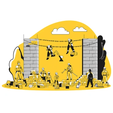 A group of workers and guards is actively constructing a tall wall made of gray bricks. The wall is topped with sharp, black barbed wire. The workers, dressed in heavy work clothing and hard hats, are focused on laying bricks and securing the structure. Some guards in uniforms stand watch, looking vigilant and attentive. The environment is filled with construction tools and piles of bricks scattered around. In the background, there are trees and a clear sky above.