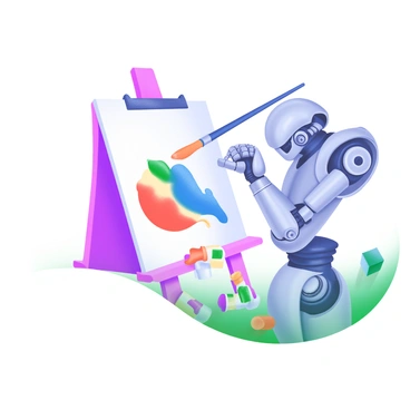 A robot arm holding a paintbrush, creating a colorful masterpiece on canvas