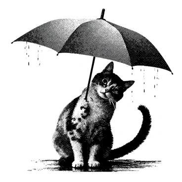 A playful cat with a fluffy coat is sitting on a wet surface, looking curiously at the world around it. The cat has bright, expressive eyes and its tail is curled playfully beside it. Above the cat, there is a vintage umbrella, open and providing shelter, with intricate patterns on its fabric. Rain droplets are falling around the scene, creating a dynamic atmosphere. The ground is glistening with wetness, reflecting the slight ripples from the raindrops.