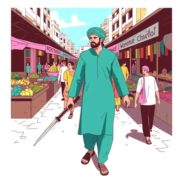 A teal figure resembling Gabbar Singh is navigating through a crowded and lively city market filled with various stalls and colorful goods. The market is bustling with people, some stopping to glance at Gabbar Singh with expressions of curiosity and surprise. Around him, there are vibrant displays of fruits, vegetables, and textiles, creating a lively atmosphere. The sky is clear, and warm sunlight filters down, casting soft shadows on the cobblestone ground. Gabbar Singh has a confident posture, wearing traditional attire, and he holds a distinctive weapon in his hand, garnishing an air of both authority and intrigue as he moves through the market.
