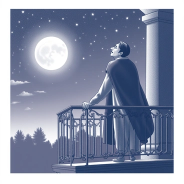A balcony is adorned with intricate wrought iron railings. "Cyrano de Bergerac," a man with a prominent nose and a flowing cape, stands on the balcony, gazing thoughtfully upwards. The night sky is filled with numerous stars, twinkling brightly against the dark backdrop. The moon is full, casting gentle light that illuminates Cyrano's face, revealing a mix of longing and introspection. Below, the silhouettes of distant trees can be seen, adding depth to the scene. A few scattered clouds drift lazily in the sky, enhancing the tranquil atmosphere of the moment.
