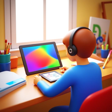 An artist sitting at a desk, focused on a tablet device. The tablet displays a colorful digital illustration in progress. The artist has short hair and is wearing headphones. The room is filled with art supplies, including brushes and sketchbooks. Natural light streams in through a window, illuminating the vibrant colors on the tablet screen.