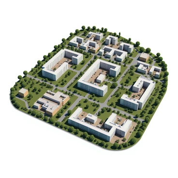 A comprehensive university campus floor plan featuring multiple buildings with distinct layouts. There are several large lecture halls, each equipped with tiered seating and large windows for natural light. Surrounding the lecture halls are various dormitory buildings, showcasing individual rooms and communal areas for students. Pathways connect the buildings with landscaped gardens and seating areas, inviting students to gather and socialize. The plan also includes sports facilities, a library, and dining areas strategically placed for easy access.