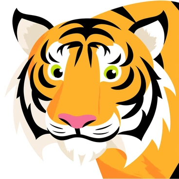 A close-up portrait of a tiger's face with vivid orange and black stripes. The tiger has bright, piercing green eyes that gaze intensely forward. The texture of the fur is detailed, showing individual strands and highlights. The background is a soft gradient of warm colors, emphasizing the tiger's features. The illustration board shows a slight sheen, suggesting the paint has a glossy finish.