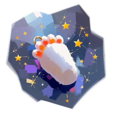 A detailed image of a "rabbit's foot charm" is shown, delicately floating amidst a vast expanse of "constellations in the night sky." The charm features soft, fluffy fur with a subtle sheen, and it is adorned with tiny, ornate details that catch the light. Surrounding the charm are twinkling stars grouped in recognizable patterns, casting a gentle glow. The deep blue and black backdrop of the sky enhances the shimmering effect of the stars, creating a sense of depth and mystery.