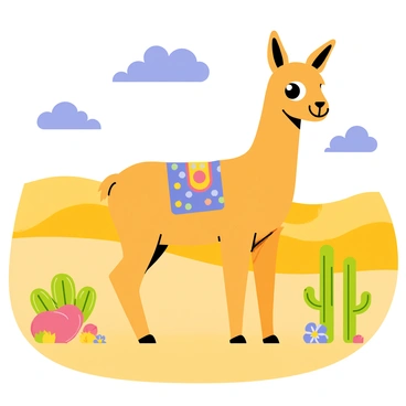 A cheerful chameau standing in a vibrant desert landscape. The chameau has a big, friendly smile and large, bright eyes. Its fur is a warm golden-brown color, and it has a brightly colored saddle adorned with various playful patterns. The desert background features rolling sand dunes with shades of yellow and orange, dotted with green cacti and colorful flowers. A bright blue sky with fluffy white clouds stretches overhead, enhancing the cheerful atmosphere of the scene.
