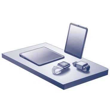 A desk with a tidy arrangement of electronic gadgets. There is a smartphone lying flat on the surface with the screen facing up. Next to it, a smartwatch is positioned, showcasing its band and face. A tablet stands upright slightly behind the smartphone, displaying a vibrant screen. The desk itself has a clean surface, possibly made of wood or laminate, providing a contrasting background for the gadgets.