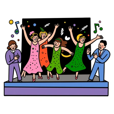 A group of flapper dancers with light skin and bobbed hair, wearing shimmering sequined dresses in vibrant colors, are performing a lively dance routine. They are moving in sync, showcasing energetic dance steps with their arms gracefully extended. The dancers are wearing black headbands adorned with feathers, and their lips are painted bright red. The jazz club is filled with a lively atmosphere, featuring a small stage with a black backdrop and colorful lights illuminating the dancers. A few audience members can be seen clapping and enjoying the performance, adding to the vibrant energy of the scene.