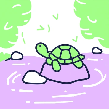 A turtle perched on a rock in a gentle stream with sunlight filtering through trees