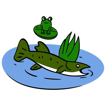 A pike fish with greenish skin and sharp teeth is lurking just below the surface of a pond, partially submerged. Its body is elongated and streamlined, with distinctive dark stripes along its sides. Above the water, a bright green frog is perched on a round lily pad, its body poised and alert. The frog has big eyes and a smooth skin texture, blending slightly with the pad. The water reflects the surrounding greenery, with hints of sunlight glistening on the surface. The scene captures the tension of the predator and prey, emphasizing the contrast between the fish and the frog.