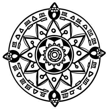 A highly detailed black ink mandala featuring intricate geometric patterns. The mandala is circular, with a series of perfectly symmetrical shapes radiating from the center, including triangles, circles, and squares. There are numerous layers of patterns, each with varying line thickness and detailed embellishments, creating a sense of depth. The design is surrounded by smaller geometric shapes and ornate details, enhancing the complexity of the overall composition. The lines are bold and crisp, showcasing the precision of the artwork.