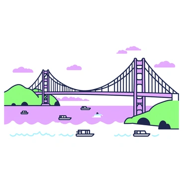 An aerial view of the "Golden Gate Bridge" stretching across the "bay". The bridge features its iconic towers and suspension cables, creating a strong visual structure. Below, the "bay" is filled with small boats and waves, reflecting the activity of the water. On the sides of the bridge, there are green hills and urban buildings in the distance. The sky is clear, with a few clouds visible above the scene. The overall perspective captures the bridge's grandeur and its connection to the surrounding landscape.