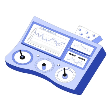 A dashboard of a time machine is prominently displayed, filled with various controls and screens. One central screen shows "historical ETF data" with charts and graphs depicting past performance. Surrounding it, multiple smaller displays show "future predictions" with dynamic lines indicating projected growth. The controls feature numerous dials and buttons, each labeled, including sections for adjusting time periods and selecting different ETFs. An array of blinking lights indicates active data processing. The overall layout suggests a high-tech, advanced interface designed for financial analysis.