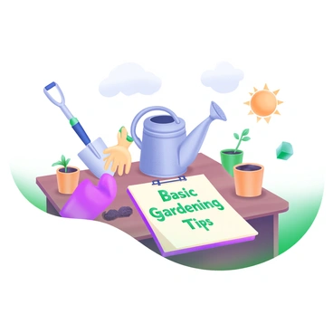 An illustrated guide featuring various gardening tools arranged on a wooden table. In the center, there is a watering can, a trowel, and a set of gardening gloves. Surrounding these tools are small pots filled with soil and seeds. On the table, there is a notepad displaying the words "Basic Gardening Tips" in a friendly font. Additionally, there are illustrations of sun, clouds, and a small plant sprouting, representing essential elements for gardening.