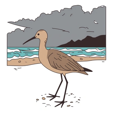 A lone curlew braving a stormy beach with dark clouds above