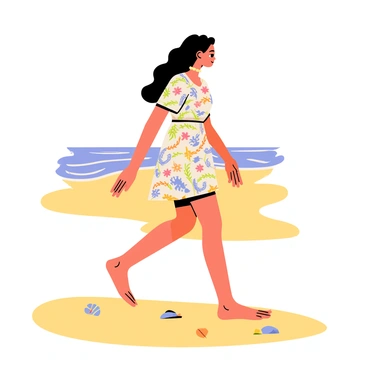 A carefree woman walking along the beach. She has long, flowing hair and is wearing a colorful, bohemian-style dress with patterns of flowers and swirls. The dress billows gently in the breeze as she walks barefoot on the warm, golden sand. In the background, gentle waves lap against the shore under a clear blue sky. Her arms are slightly outstretched as if embracing the moment, and a few seashells and small rocks can be seen scattered on the sand around her.