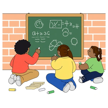 A group of three children sitting on the ground, engaging in a learning activity. One child, a girl with curly black hair, is writing on a large chalkboard that is propped against a brick wall. The chalkboard displays colorful drawings and simple math problems. Another child, a boy with short brown hair, is looking at the chalkboard intently, while a girl with braided pigtails is holding a piece of chalk, ready to contribute. The scene is filled with scattered chalk pieces and a few open books around them, creating a lively atmosphere of learning.