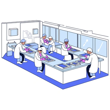 A cleanroom environment with bright white walls and smooth surfaces. Several technicians in white lab coats and hairnets are working at a production line. Each technician is carefully assembling microchips using precision tools. The production line is equipped with multiple stations, each containing various instruments and components. The floor is spotless and has a glossy finish, reflecting the bright overhead lights. At the back of the cleanroom, large, clear glass windows provide a view of more equipment and processes.