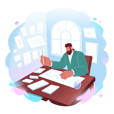 A historic scene featuring a famous illustrator from the past. The illustrator is seated at a wooden desk surrounded by parchment and books, deep in concentration. In one hand, he holds a quill, while the other hand delicately maneuvers a bottle of ink. The desk is adorned with scattered sketches and ink stains, showcasing his creative process. A large window behind him allows soft, diffused light to illuminate the workspace, creating an inviting atmosphere filled with inspiration. On the wall, several of his framed illustrations are displayed, adding to the ambiance of the scene.