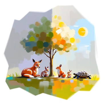 A lush green meadow divided by weather, with animals taking shelter from rain on one side. This area features a cluster of wet animals, including a deer with a wet coat, two rabbits huddled together, and a few birds perched under the leaves of a large tree. On the opposite side of the meadow, the sun is shining brightly, where a group of animals relaxes and basks in the warmth. A happy fox lies on the grass, a couple of squirrels playfully chase each other, and a tortoise slowly moves across the sunlit ground. The contrast between the rainy and sunny sides of the meadow is visually striking, with dark clouds lingering over one side and clear blue skies on the other.