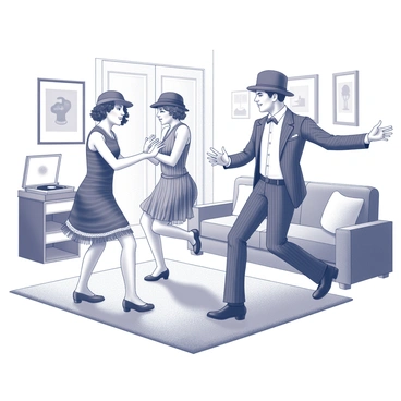 A living room scene filled with energy and movement. In the center, a group of three friends is performing the Charleston dance. One friend is wearing a flapper dress adorned with fringe, while another is dressed in a classic striped suit and bowler hat. The third friend is wearing suspenders and has a wide-brimmed hat tilted at an angle. The friends are mid-dance, with their legs kicked out and arms swinging. The walls of the living room are decorated with vintage posters, and a record player sits in the corner, adding to the lively atmosphere. A plush rug lies beneath them, and a coffee table is pushed to the side, creating space for their performance.