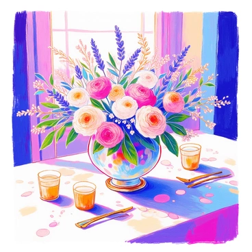 A wedding table centerpiece features a stunning floral arrangement in a large, elegant glass vase. The vase is filled with an array of flowers, including "white roses," "peonies," and "lavender," all in full bloom. Surrounding the vase are "delicate green leaves" and some "small white flowers" that add texture. The arrangement sits on a "lightly textured white tablecloth," and is accentuated with "gold-colored candle holders" positioned around it. "Soft natural light" casts a warm glow over the entire setup, enhancing the colors of the flowers.
