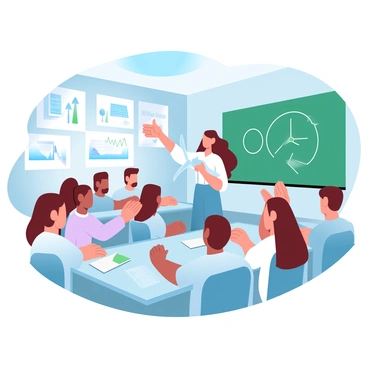 A teacher stands in front of a classroom filled with engaged students. The teacher is holding a model of a wind turbine, showcasing its various components. The students are seated at desks, leaning forward with curiosity. The classroom is decorated with educational posters related to renewable energy, including solar panels and hydroelectric power. There are books and notebooks scattered across the desks. A large green chalkboard in the background has diagrams illustrating the concept of renewable energy sources.