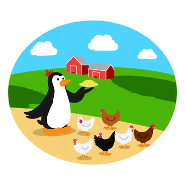 Feathers McGraw, a cartoon penguin with a sly expression, is standing on a sunny farm, surrounded by various colorful chickens pecking at the ground. The farm is dotted with red barns and lush green fields stretching into the distance. Bright sunlight casts playful shadows around Feathers and the chickens. He is holding out a handful of grains to the chickens, who eagerly gather around him. The sky above is a clear blue, adorned with a few fluffy white clouds.