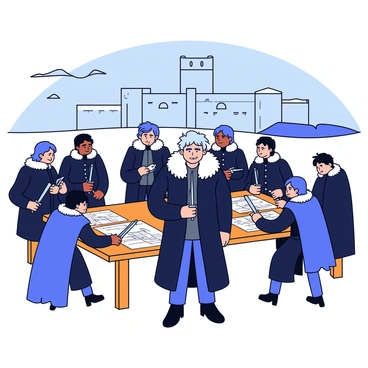 Jon Snow standing with a focused expression as he directs the Night's Watch. He is wearing a dark, fur-lined cloak that billows slightly in the wind. Surrounding him are several members of the Night's Watch, each dressed in similar dark clothing with capes. They are checking their weapons, including swords and bows, while some are gathered around a large wooden table covered with maps. Behind them is the imposing structure of Castle Black, with its towering walls and arrow slits, set against a cold, snowy landscape. The sky above is cloudy, hinting at the harsh weather conditions.