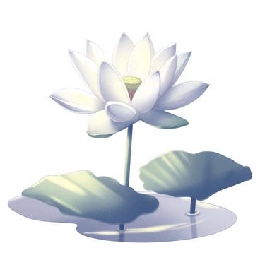 A lotus flower with delicate petals unfolding. The flower rises from a calm body of water, with droplets of dew resting on its surface. Soft, warm rays of light are gently illuminating the petals, casting subtle shadows and highlighting the intricate details. Surrounding the lotus, lush green leaves are partially submerged in the water, creating a serene composition. The atmosphere reflects the tranquil moment of dawn, with the light enhancing the natural beauty of the flower.