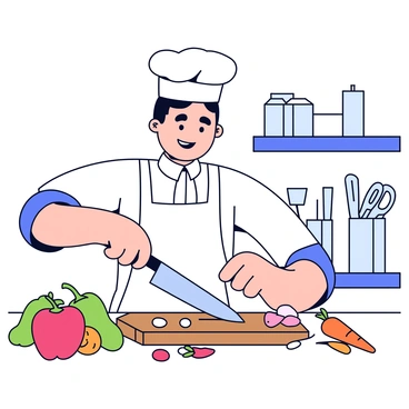 A chef with a white hat and a neatly tied apron is chopping vegetables rapidly. The chef's hands move skillfully, holding a shiny stainless steel knife that glides smoothly against a wooden cutting board. Fresh vegetables, including bright green bell peppers, vibrant red tomatoes, and crisp carrots, are scattered around the cutting board. The background shows a clean kitchen environment with stainless steel appliances and organized utensils.