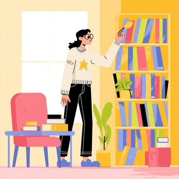A librarian dusting shelves in a cozy bookstore with books stacked neatly