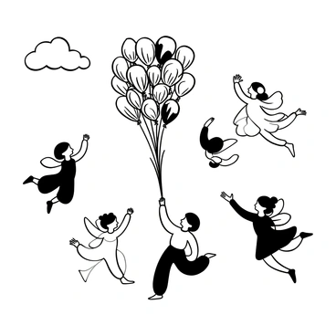 A group of fairies with delicate wings floating in the sky, each one grasping onto a cluster of balloons. The balloons are of different shapes and sizes, rising upwards. The fairies are dressed in flowing dresses that mimic natural elements, such as leaves and flowers. Some fairies are playfully interacting with each other, while others are gliding gracefully through the air. The background features clouds that add depth to the scene, creating a sense of height and whimsy. The entire composition captures a moment of enchantment and freedom in the open sky.