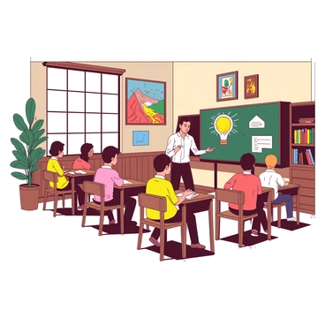 A group of students is sitting at wooden desks in an old, charming classroom, with large windows letting in soft light. The students are diverse in appearance, each engaged and listening attentively to the lecturer at the front of the room. The lecturer is standing next to a large chalkboard filled with colorful diagrams and art pieces. The classroom is decorated with vintage art posters and has wooden shelves filled with books. A tall potted plant sits in the corner, adding a touch of greenery to the space.