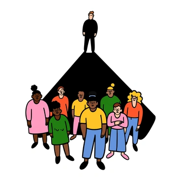 A male figure with light skin and short black hair stands in the background, casting a long shadow over a group of diverse women in the foreground. The women have various skin tones, including light and dark, and different hairstyles, such as curly, straight, and tied up. They are dressed in colorful clothing, with some wearing dresses and others in casual tops and jeans. The expression on their faces shows a mix of surprise and curiosity as they look up at the looming shadow. The scene captures a sense of contrast between the shadowed figure and the vibrant colors of the women.