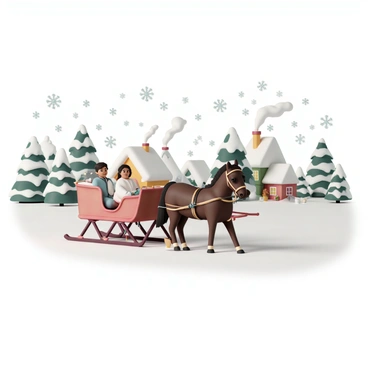 A horse-drawn sleigh is pulled by a strong brown horse with a black mane. The sleigh is red with wooden accents, and it is adorned with festive decorations. A couple is sitting in the sleigh, wrapped in warm blankets, smiling as they enjoy the ride. In the background, there are cozy cottages with smoke curling from chimneys, adorned with colorful lights. Fluffy snowflakes gently fall from the sky, landing on the ground and creating a bright white blanket over the village. Pine trees lined with snow create a serene border around the scene.