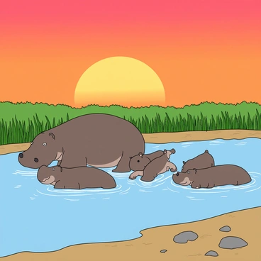 A family of four hippos is wading in a shallow, clear river. The largest hippo, with a grayish-brown body and small ears, is positioned in the center. Beside it, two smaller hippos are playfully splashing water with their front legs. The fourth hippo is resting quietly on a sandy riverbank, partially submerged. The scene is illuminated by the warm glow of a vibrant sunset, casting orange and pink hues across the sky. The water reflects these colors, creating a colorful backdrop. Tall green grass and a few scattered rocks line the edges of the river, adding to the natural setting.