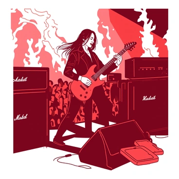 A red rock guitarist is energetically performing on stage, standing in front of large black amplifiers. Flames are shooting up from the amplifiers, creating an intense atmosphere. The guitarist is wearing a black leather jacket and has long hair flowing as they play an electric guitar. Bright stage lights illuminate the scene, casting dramatic shadows around the performer. The audience in the background is visible, captivated by the performance.