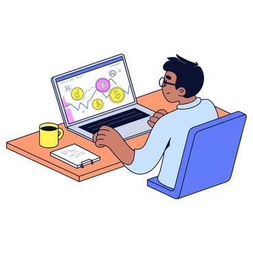 An individual sitting at a wooden desk, focused on a laptop screen displaying cryptocurrency prices. The laptop has a sleek design with a silver exterior. The screen shows a colorful interface with various cryptocurrency icons and fluctuating price graphs. The individual is wearing glasses and has short black hair, appearing concentrated on the information. Beside the laptop, there is a coffee mug and a notepad with written notes.