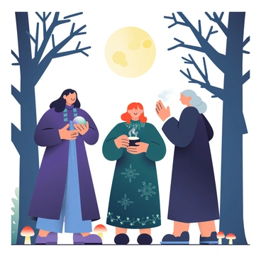 Three witches are standing in a dark, enchanted forest illuminated by the light of a full moon. The first witch has long, flowing black hair and is wearing a deep purple cloak with silver accents. She is holding a glowing crystal ball in her hands. The second witch has short, fiery red hair and is dressed in a long, dark green dress adorned with intricate patterns. She is preparing a potion in a small, cauldron that emits wisps of smoke. The third witch has curly, silver hair and is clad in a black robe embroidered with stars. She is casting a spell, with her hands raised towards the sky. Surrounding them are tall, gnarled trees with twisted branches and glowing mushrooms dotting the forest floor. The full moon casts an eerie light, creating shadows that dance around the witches.