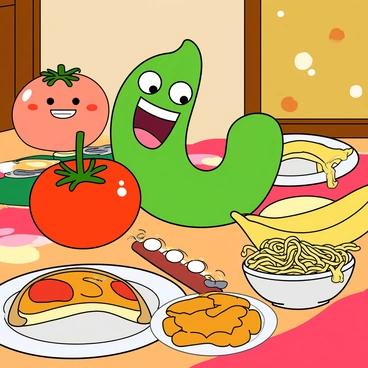 A cartoon-like scene at a vibrant dinner table filled with a variety of food characters. A cheerful green colon, with a wide smile and bright cartoonish eyes, is laughing heartily. Surrounding the colon are various other food characters: a round, happy tomato with blushing cheeks, a playful slice of pizza with gooey cheese stretching from a corner, and a grinning banana with its peel slightly opened. There is a small bowl of spaghetti winking and rolling its eyes. The dinner table is decorated with colorful plates and utensils, and the background shows a cozy dining room setting with warm lighting. Each food character has distinct facial expressions that convey joy and camaraderie.