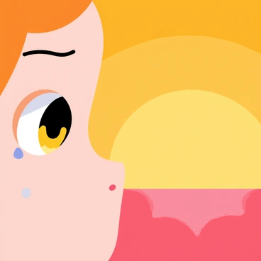 A close-up of "crying eyes" with tears glistening, reflecting "a bright sunrise" in warm shades of orange and yellow. The background features soft clouds illuminated by the sunlight, while the gaze is directed towards the horizon. The overall composition conveys the theme of "hope and new beginnings."
