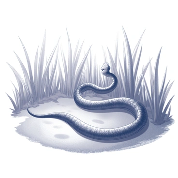 A snake is slithering through grass that appears muddy and damp. The snake has a smooth, elongated body, and it moves gracefully, leaving a subtle trail in the mud. Surrounding the snake, the grass is tall and lush, with some blades bending under the weight of the serpent's movement. Sunlight creates soft shadows on the ground, emphasizing the contours of the environment. The background reveals hints of additional foliage and the ground texture, contributing to the warm atmosphere of the setting.