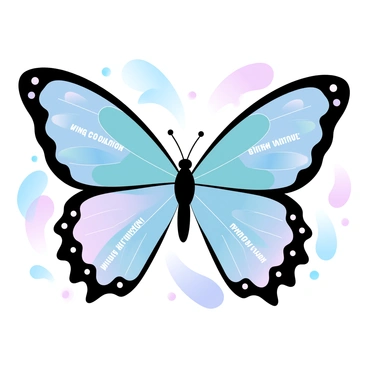 A detailed illustration of a butterfly featuring its wings open wide, showcasing a vibrant array of colors. The wings display intricate patterns with regions marked to denote different genetic traits. In the center of the butterfly's body, there are visual representations of DNA strands, symbolizing its genetic makeup. Surrounding the butterfly are labeled sections that highlight various features, such as "wing coloration" and "pattern variation." The background features a soft gradient of pastel colors that complements the butterfly’s hues.