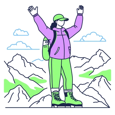 A woman in hiking gear is standing at the summit of a mountain. She is wearing a purple jacket with zippers, sturdy green hiking pants, and a pair of green trekking boots. Her backpack is secured on her back, and she is wearing a green cap. She raises her arms triumphantly as she surveys the expansive landscape before her. Below, rugged terrain descends into valleys, and distant mountains create a majestic backdrop. The sky above is clear with a few clouds drifting by. A sense of achievement is evident on her face as she takes in the view.