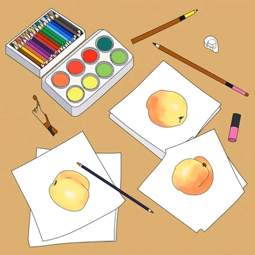 A wooden table with a smooth surface, cluttered with various art supplies. There is a box of colored pencils in vibrant shades, a set of watercolors with an open lid showing the different colors, and a few brushes in varying sizes with paint on the bristles. Scattered around are sheets of paper with detailed sketches of peaches, showcasing their rounded shape and fuzzy skin. Some peaches are drawn with a light pencil outline, while others are filled in with soft watercolor hues of yellow and orange. A small eraser and a sharpener sit nearby, adding to the artistic atmosphere of the scene.