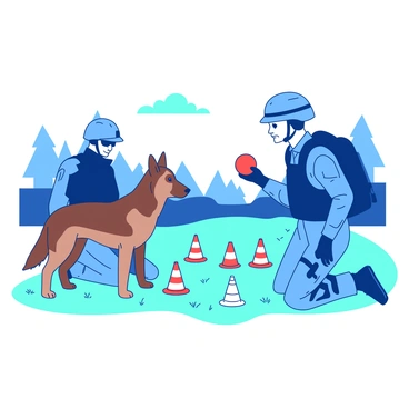 A blue soldier in tactical gear is kneeling on the grass, focused on training a brown German Shepherd. The soldier is holding a red ball, encouraging the dog to retrieve it. Around them, there are training cones set up for the search and rescue exercise. The dog is standing alert, ears perked up, ready to follow the command. In the background, there are trees creating a natural environment for the training session.